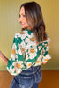 Green Floral Print Sailor Collar Embellished Button Top