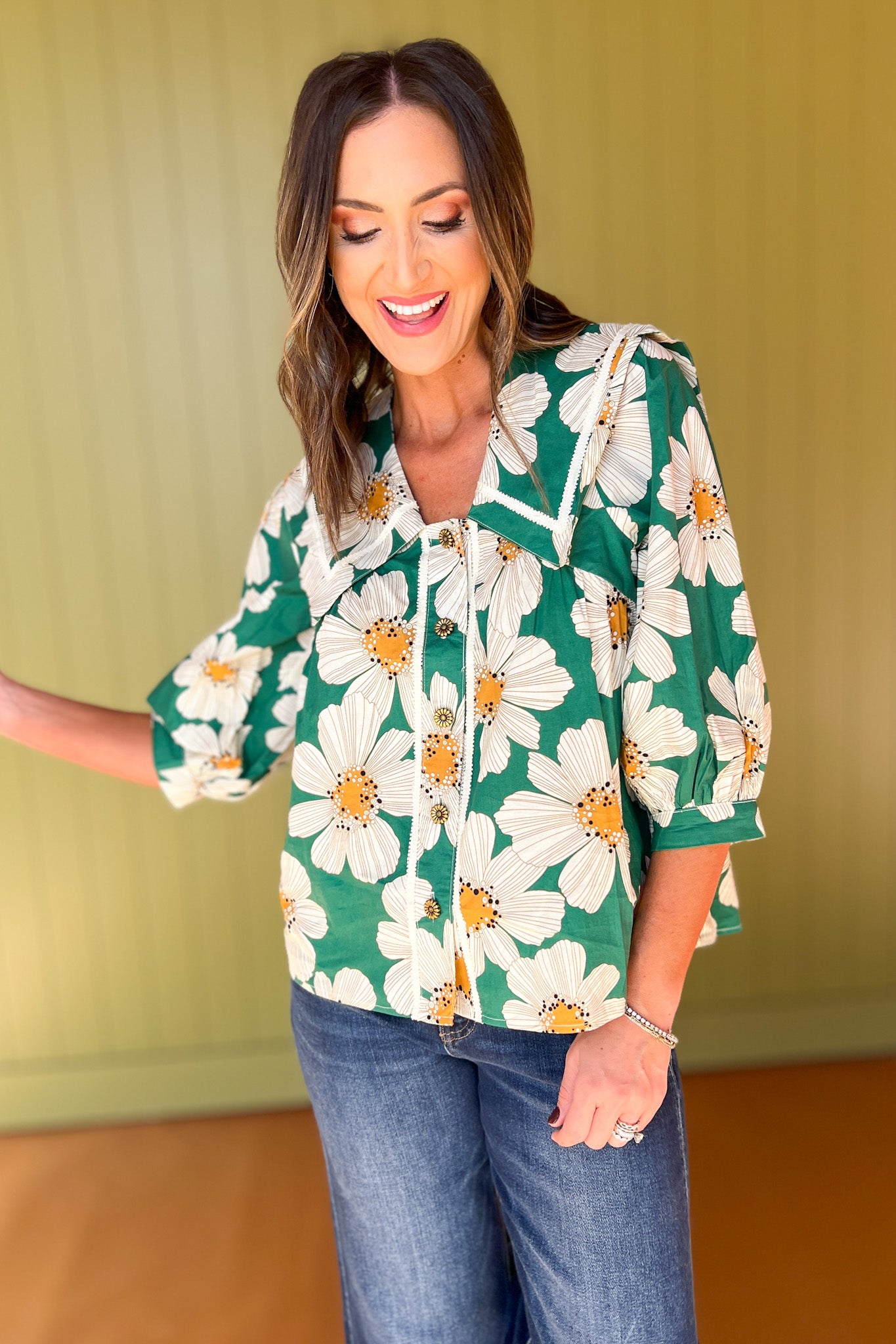 Green Floral Print Sailor Collar Embellished Button Top