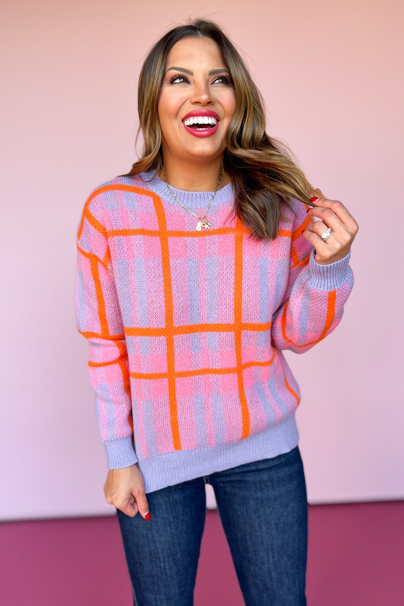 Lavender Multi Check Print Drop Shoulder Ribbed Hemline Sweater, must have sweater, must have style, fall style, fall fashion, elevated style, elevated sweater, mom style, shop style your senses by mallory fitzsimmons, ssys by mallory fitzsimmons