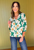 Green Floral Print Sailor Collar Embellished Button Top