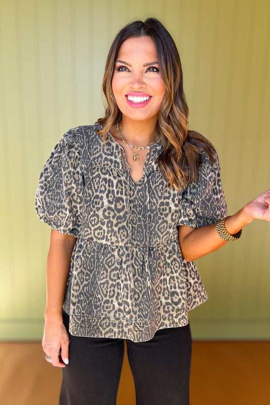 Brown Animal Print Short Puff Sleeve Babydoll Top