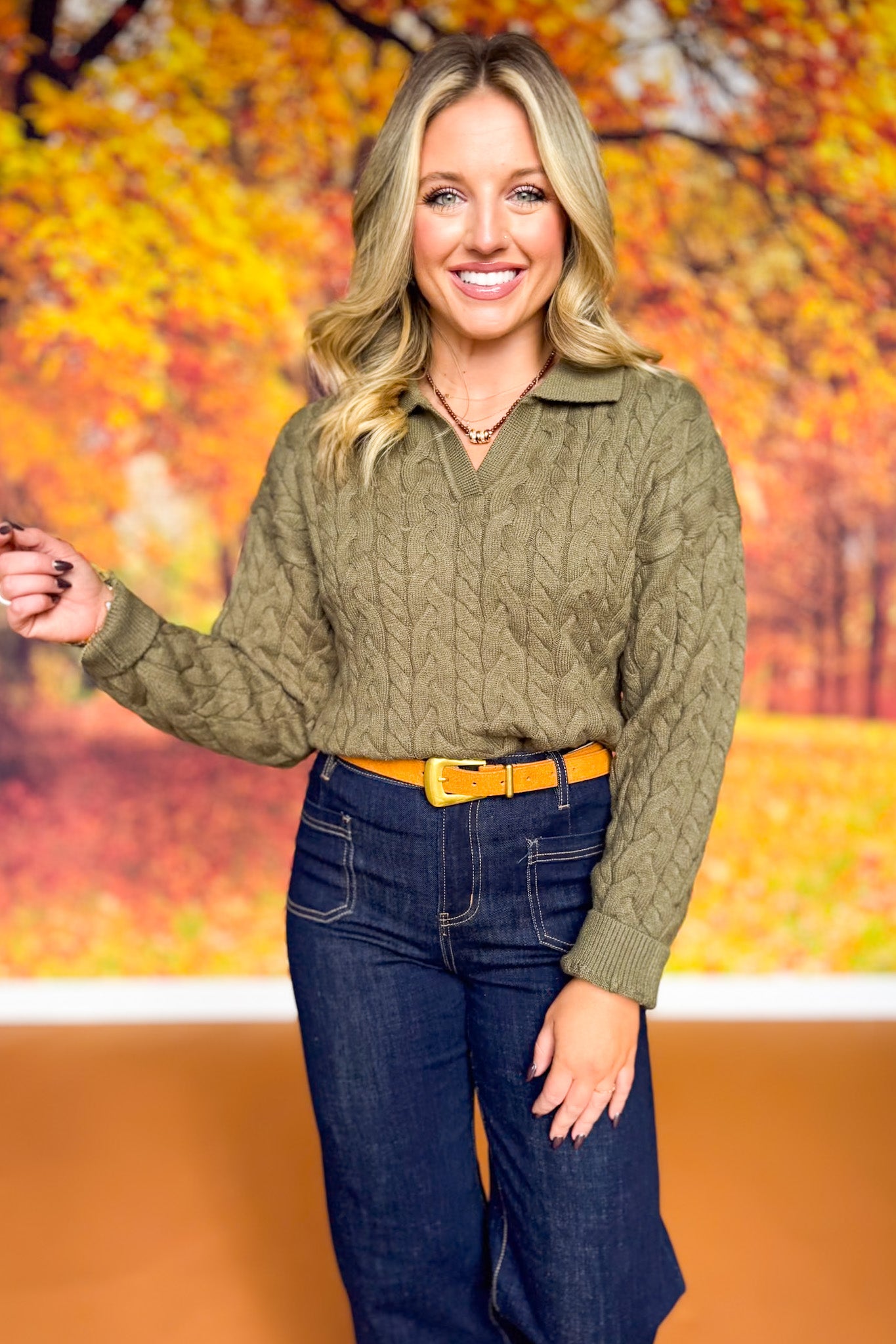 SSYS Bren Cable Knit Collared Sweater In Light Olive