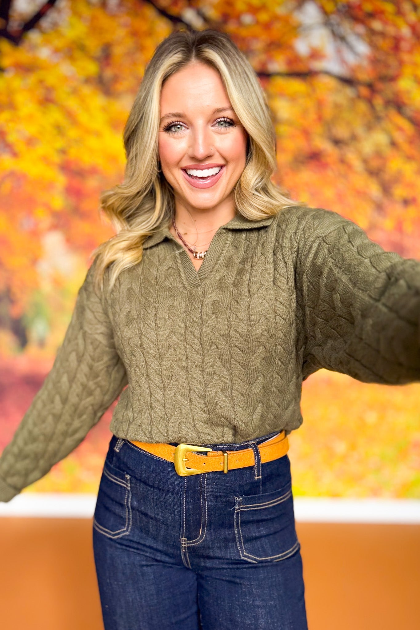 SSYS Bren Cable Knit Collared Sweater In Light Olive