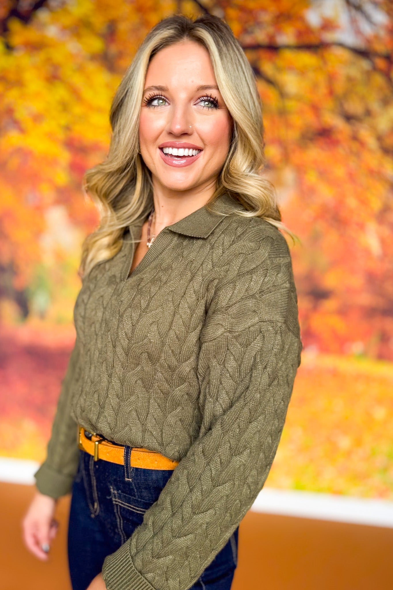 SSYS Bren Cable Knit Collared Sweater In Light Olive