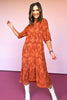 Rust Floral Collared Split Neck 3/4 Sleeve Tiered Midi Dress