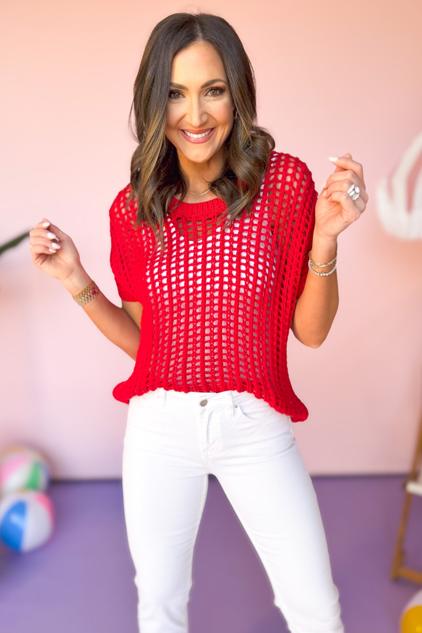 Red Crochet Short Sleeve Sweater Top, summer ready, pop of color, easy to style, new arrivals, white denim, throw on and go, high summer, ssys by mallory fitzsimmons