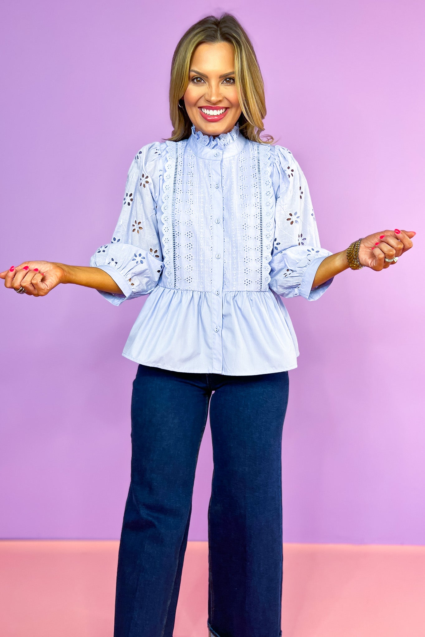 Blue Eyelet Lace Frill Neck Peplum Top, button details, flower cuts, church top, work top, spring top, ssys by mallory fitzsimmons