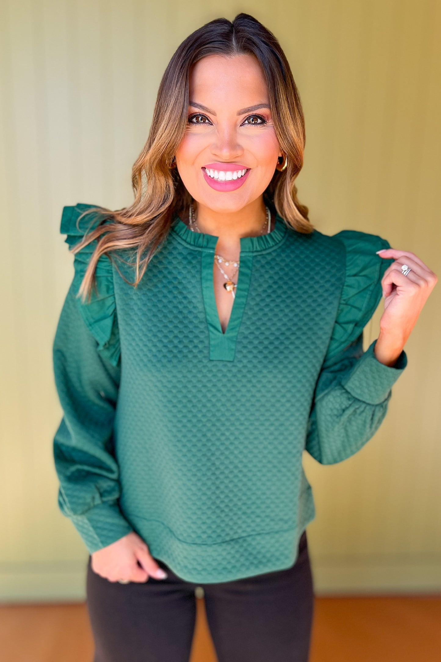 Hunter Green Textured Frill Split Neck Ruffle Shoulder Top