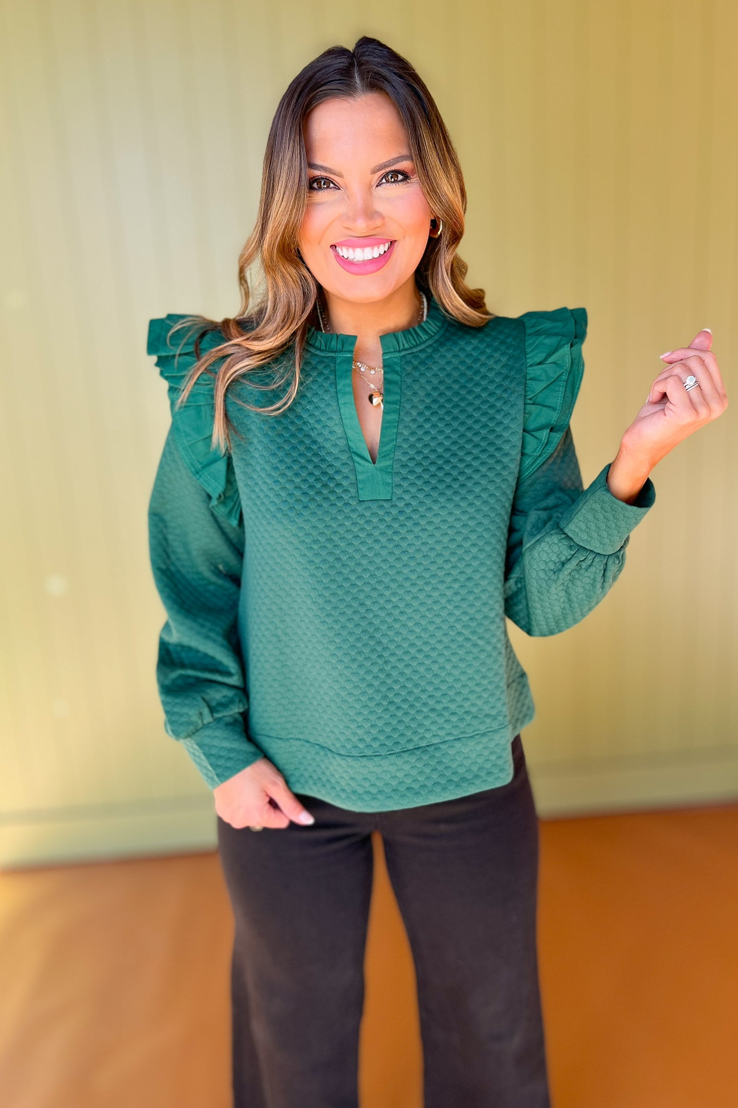 Hunter Green Textured Frill Split Neck Ruffle Shoulder Top