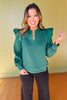 Hunter Green Textured Frill Split Neck Ruffle Shoulder Top