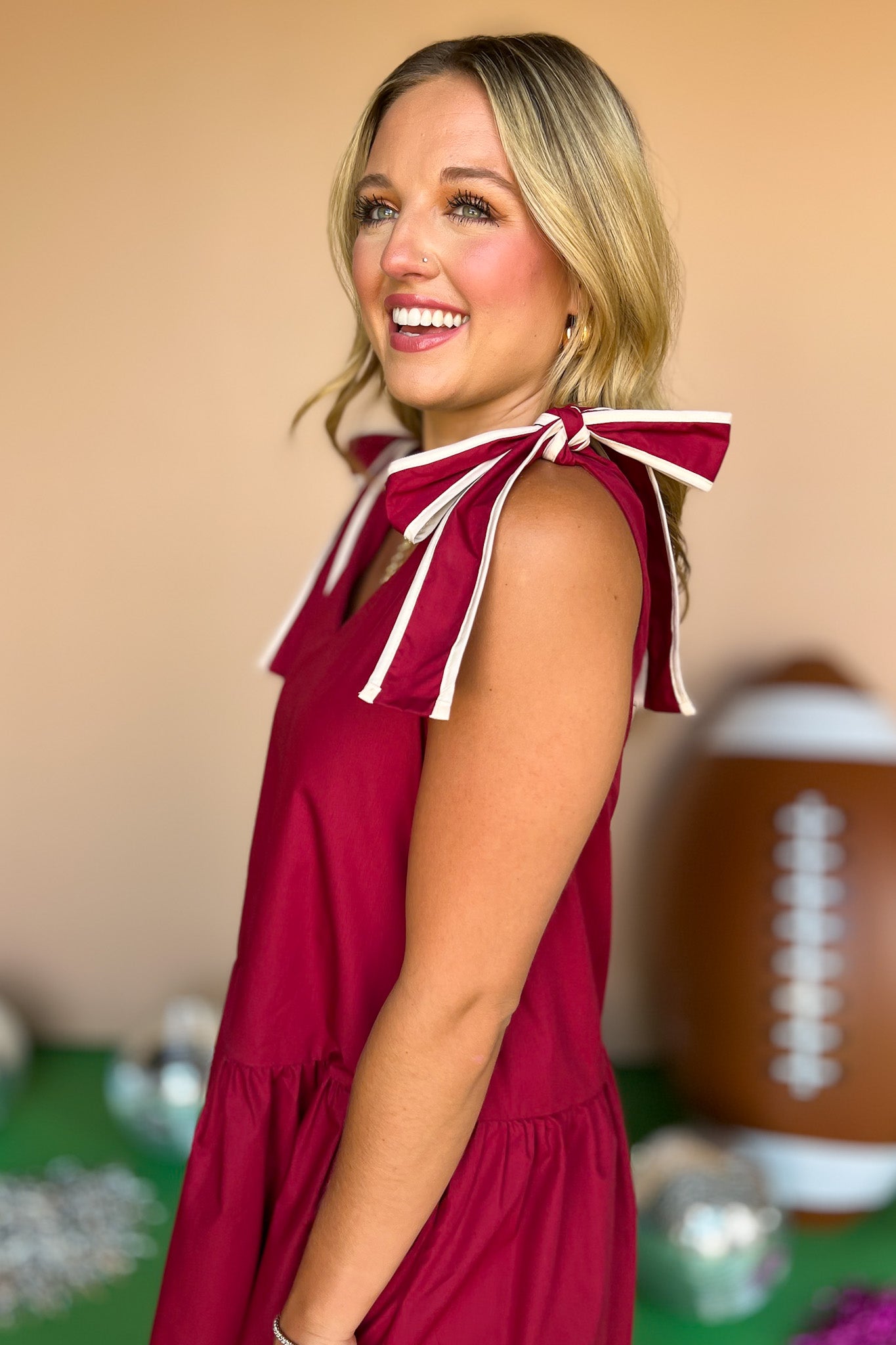  Crimson V Neck Self Tie Shoulder Contrast Stripe Detail Dress, must have dress, must have style, gameday style, brunch style, fall fashion, elevated style, elevated style, mom style, shop style your senses by mallory fitzsimmons, ssys by mallory fitzsimmons