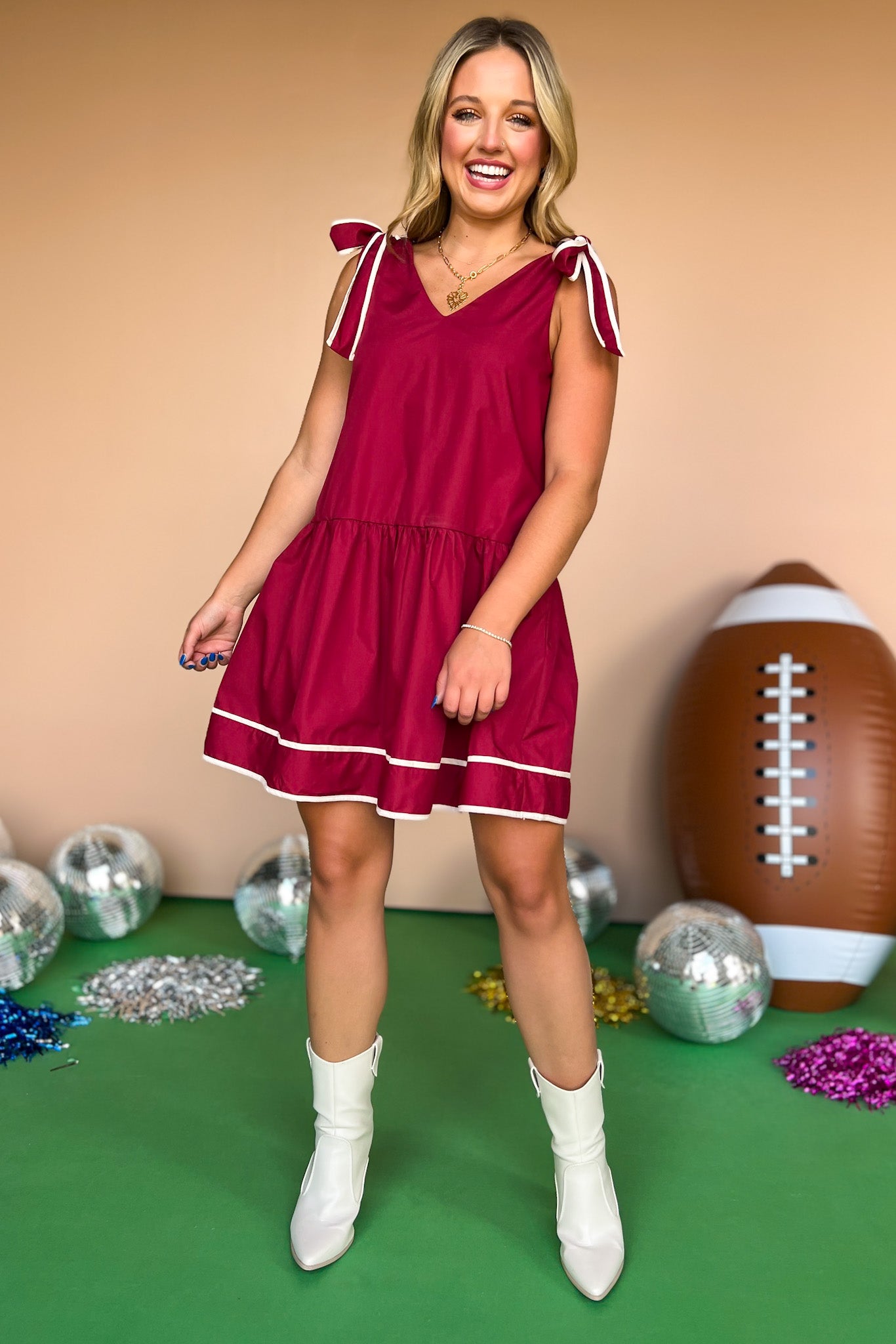  Crimson V Neck Self Tie Shoulder Contrast Stripe Detail Dress, must have dress, must have style, gameday style, brunch style, fall fashion, elevated style, elevated style, mom style, shop style your senses by mallory fitzsimmons, ssys by mallory fitzsimmons