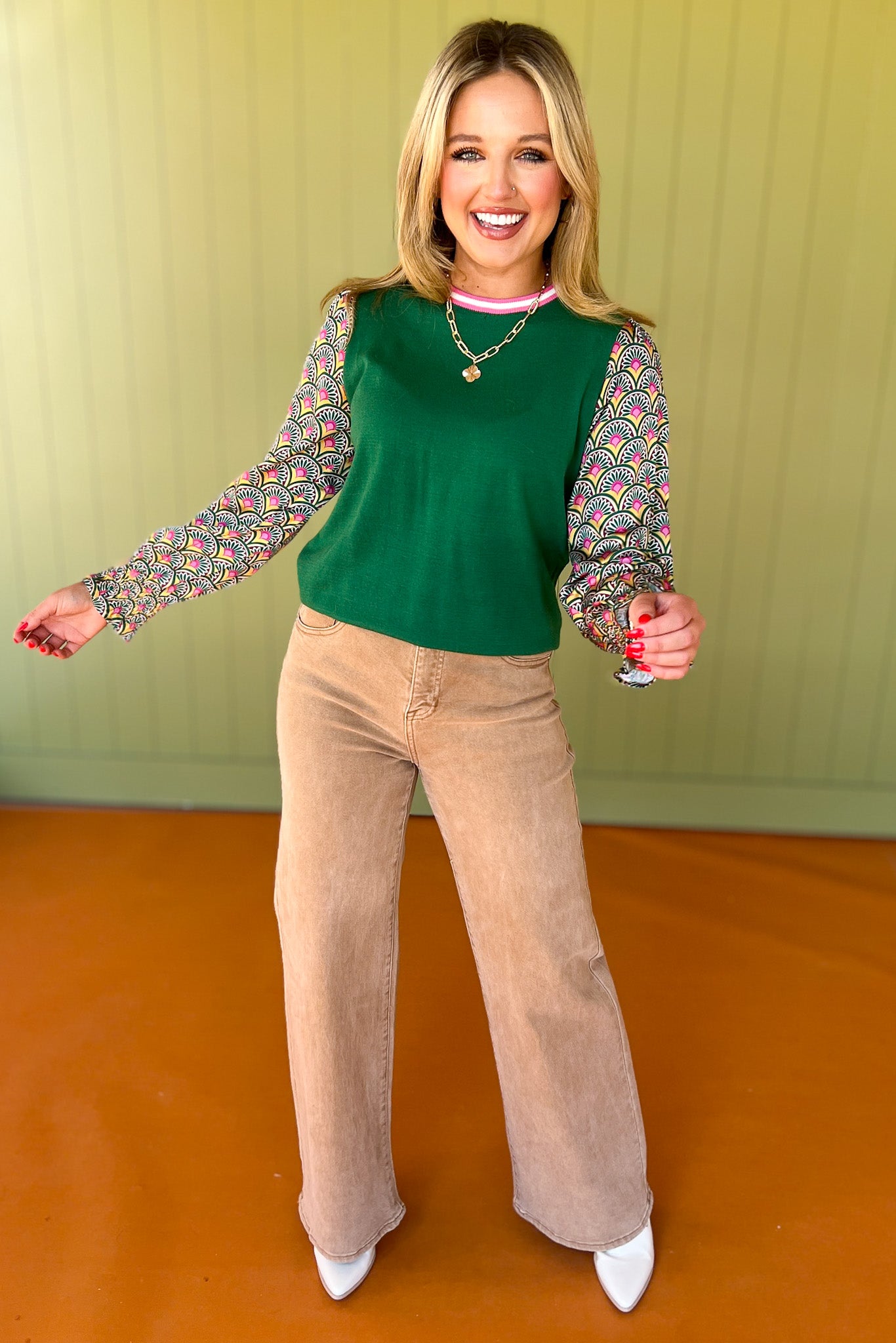 THML Green Mixed Media Bishop Sleeve Top, new top, perfect fall top, must have top, colorful top, fun sleeve top, new style top, elevated top, elevated tops for work, ssys by mallory fitzsimmons 