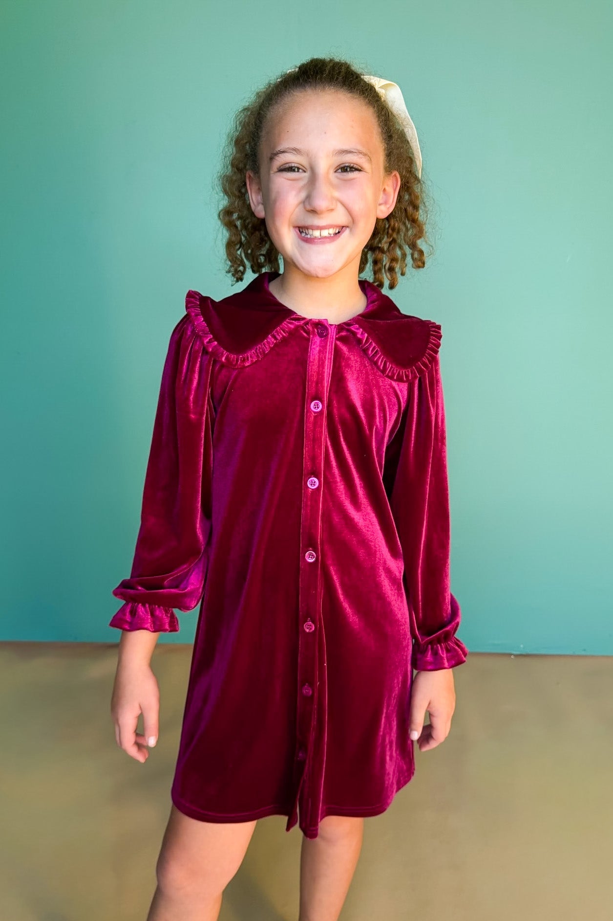SSYS Kids Hattie Peter Pan Collared Velvet Dress In Cranberry