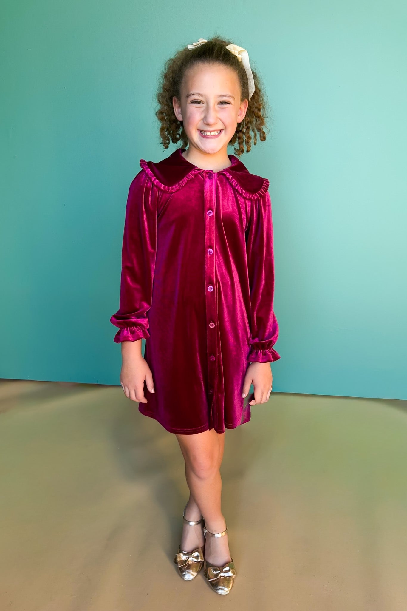 SSYS Kids Hattie Peter Pan Collared Velvet Dress In Cranberry