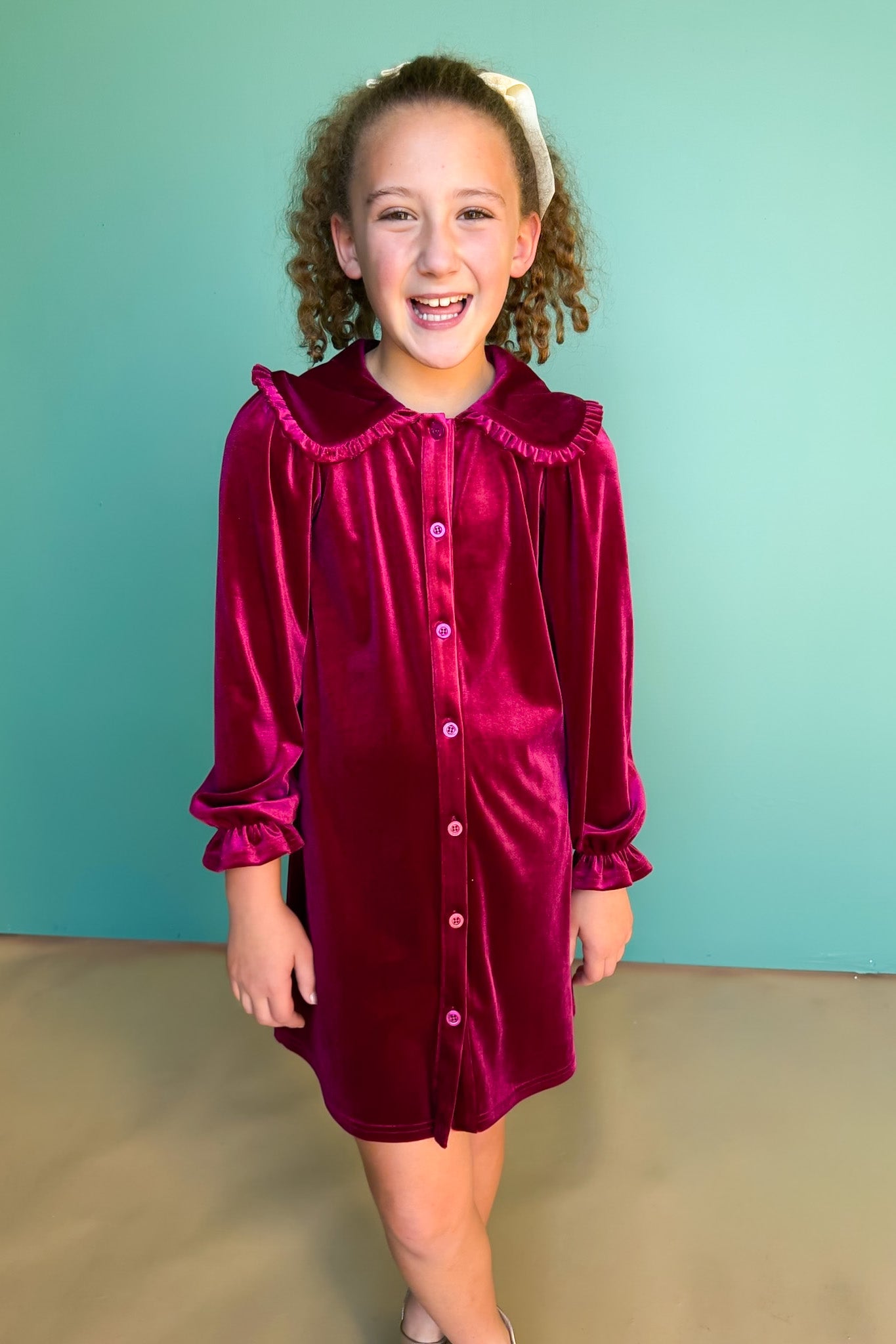 SSYS Kids Hattie Peter Pan Collared Velvet Dress In Cranberry