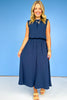 Navy Front Pleat Back Elastic Wide Leg Pants
