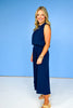 Navy Front Pleat Back Elastic Wide Leg Pants