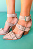 Taupe Triple Buckle Pointed Toe Heels