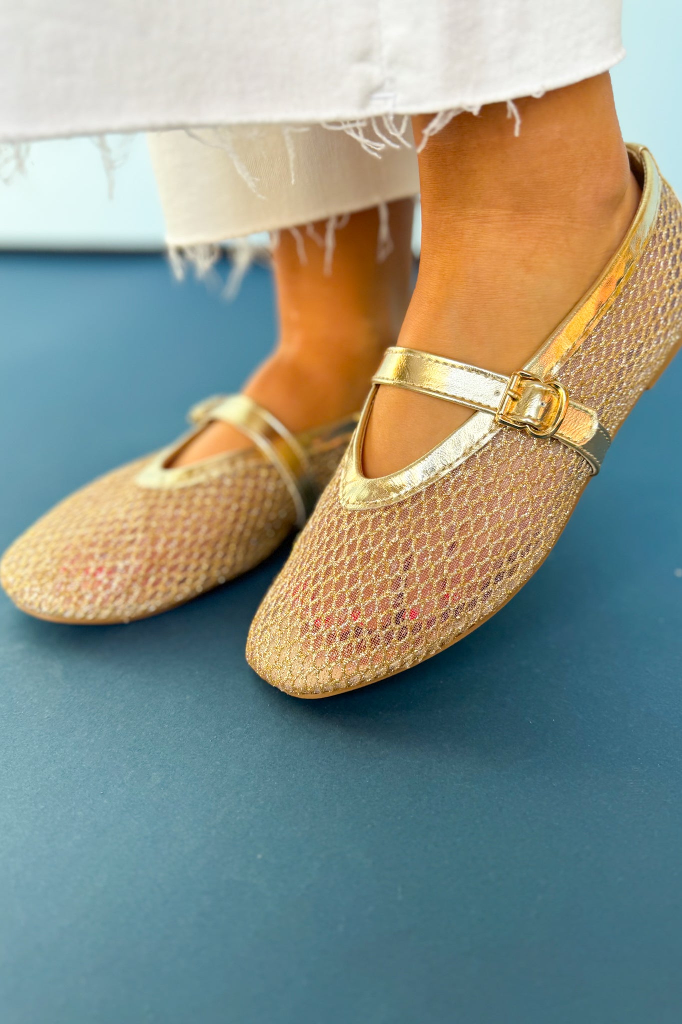 Gold Metallic Mesh Mary Jane Ballet Flats