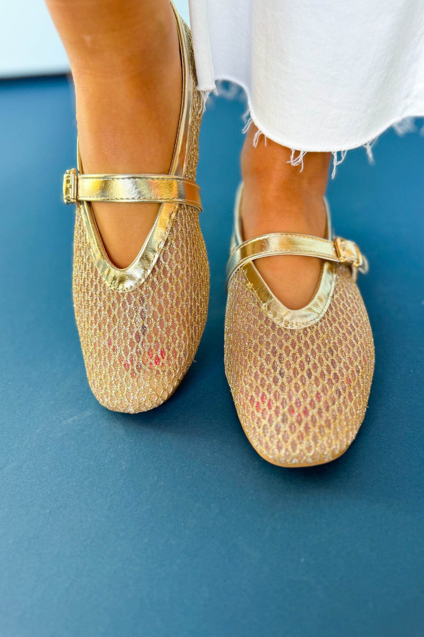 Gold Metallic Mesh Mary Jane Ballet Flats