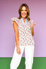 Red Floral Print Frill V Neck Accent Stripe Trim Top