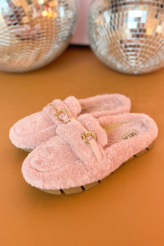  Blush Plush Gold Buckle Mules, shoes, slippers, must have slippers