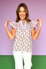 Red Floral Print Frill V Neck Accent Stripe Trim Top