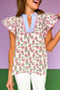 Red Floral Print Frill V Neck Accent Stripe Trim Top
