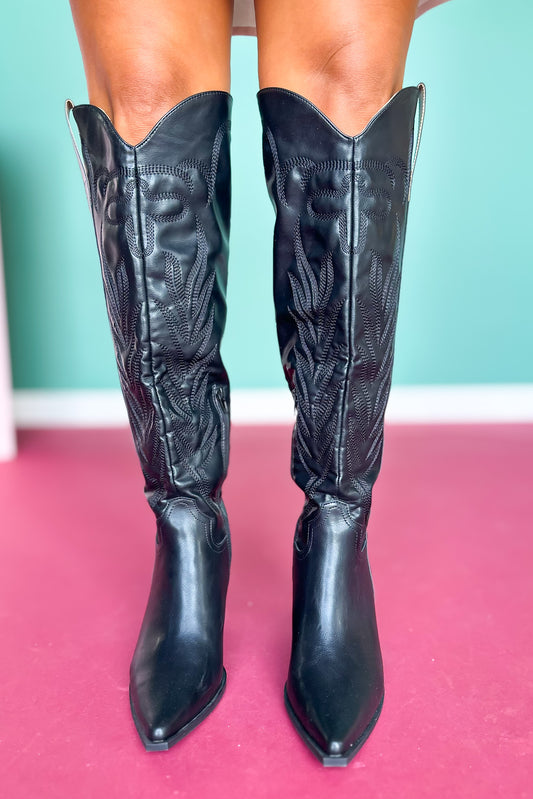 Black Knee High Embroidered Boots