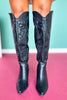 Black Knee High Embroidered Boots