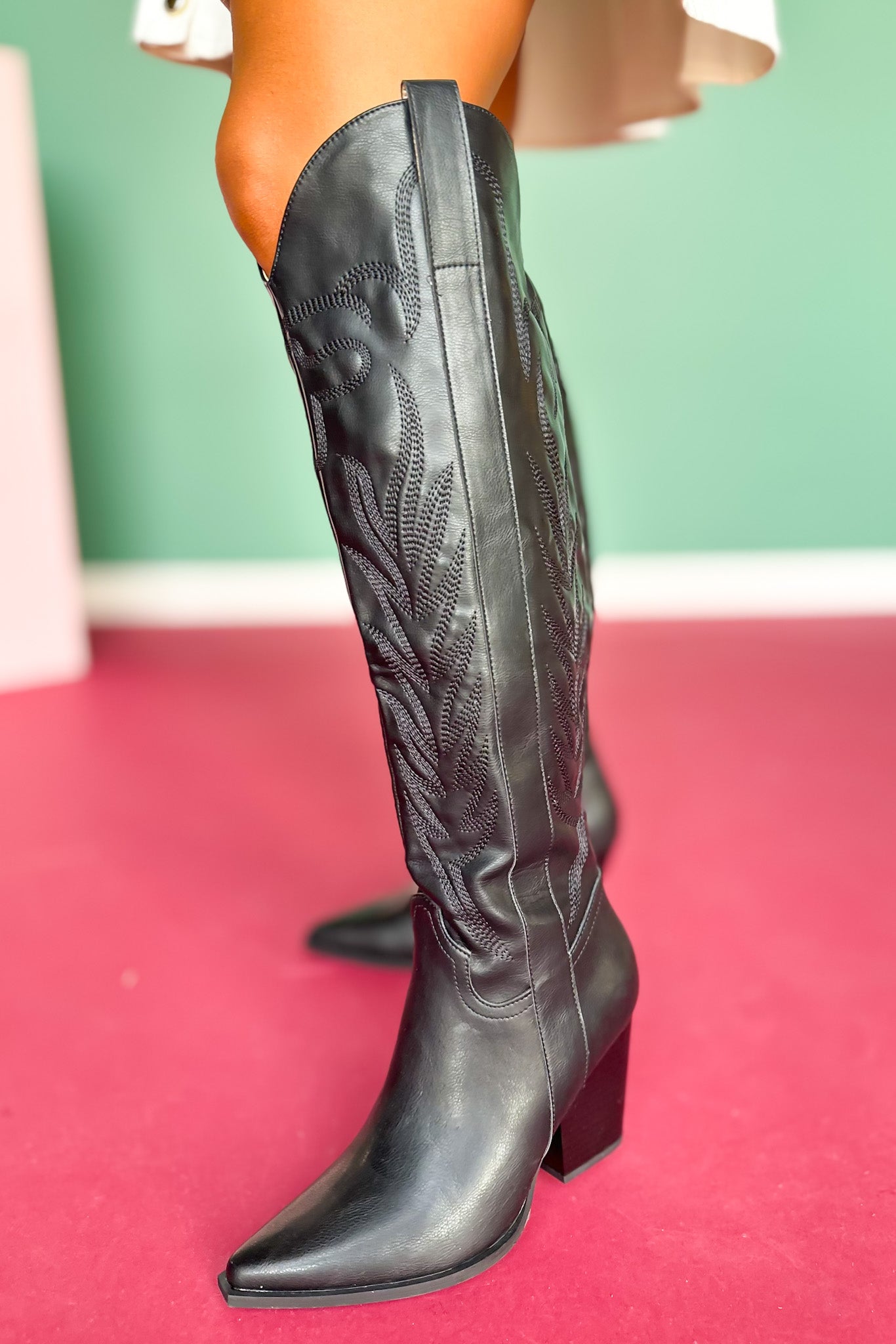 Black Knee High Embroidered Boots