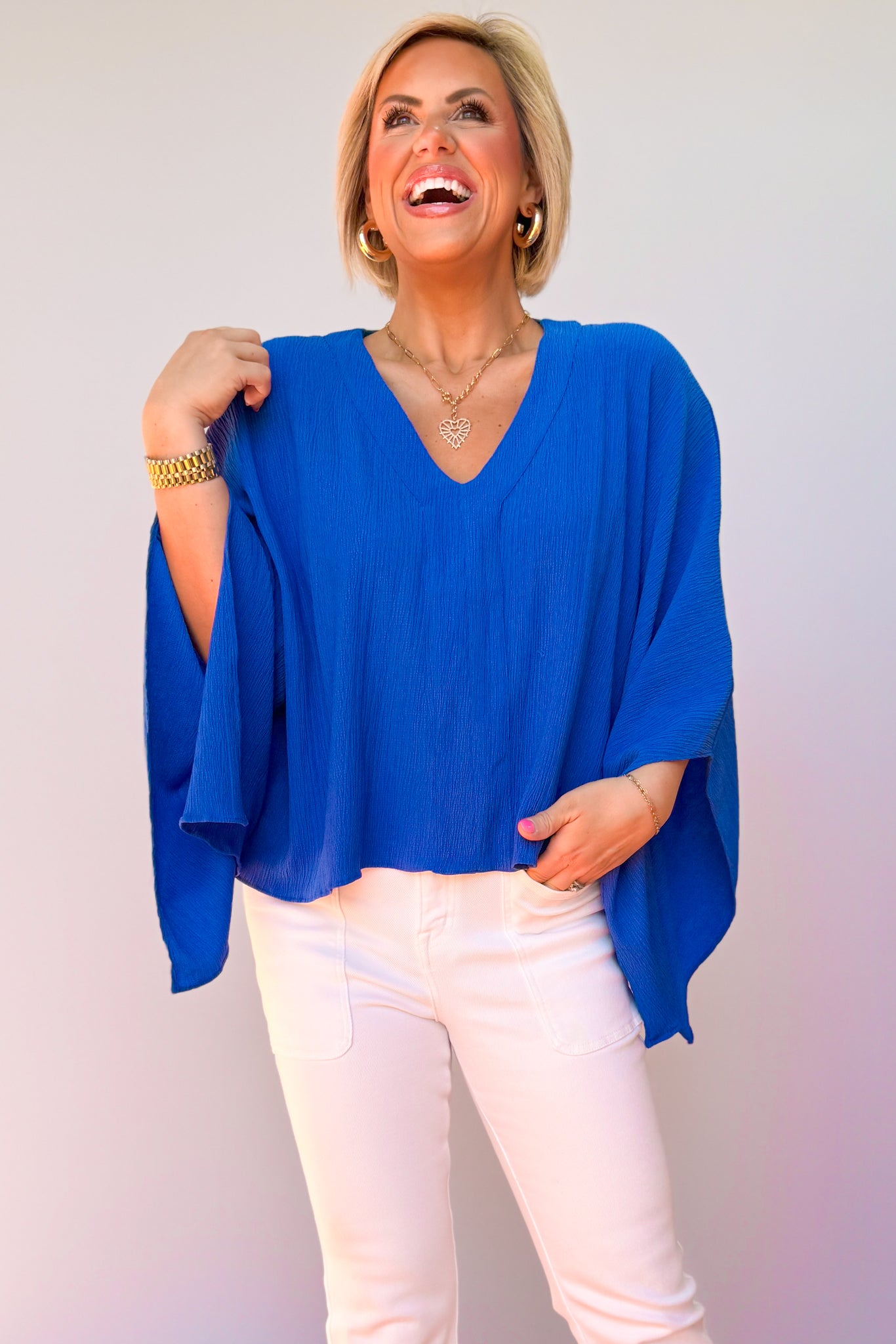 Royal Textured V Neck Draped Sleeve Top *FINAL SALE*