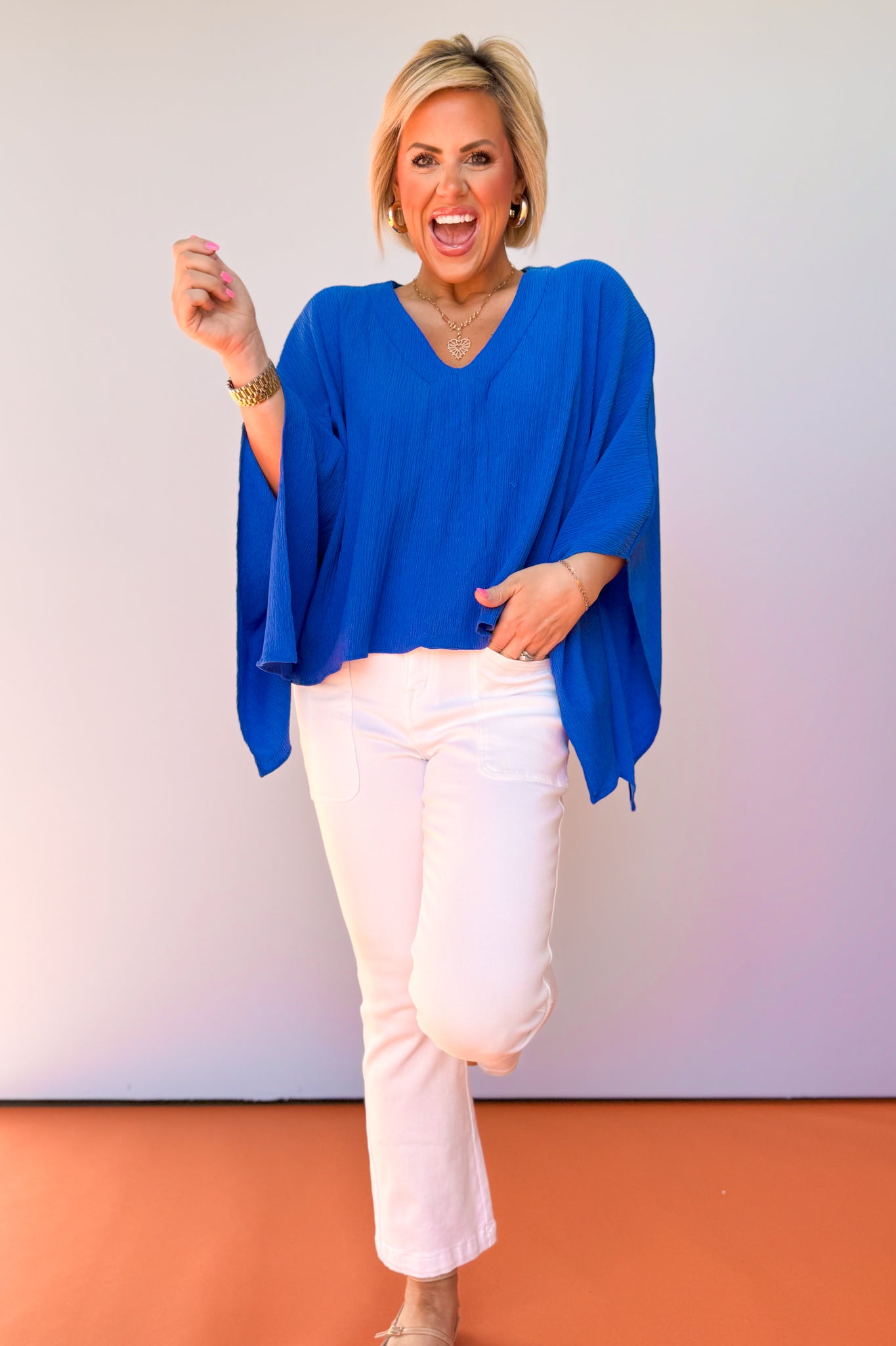 Royal Textured V Neck Draped Sleeve Top *FINAL SALE*