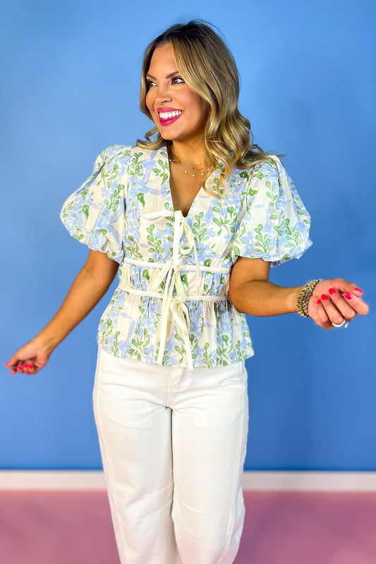 Blue Floral Print Short Bubble Sleeve Front Bow Ties Top, spring top, summer top, work top, church top, v-neck, feminine, ssys by mallory fitzsimmons