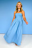 Blue Ribbed Knit Strapless Neckline Woven Midi Dress