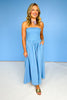 Blue Ribbed Knit Strapless Neckline Woven Midi Dress