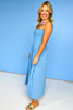 Blue Ribbed Knit Strapless Neckline Woven Midi Dress