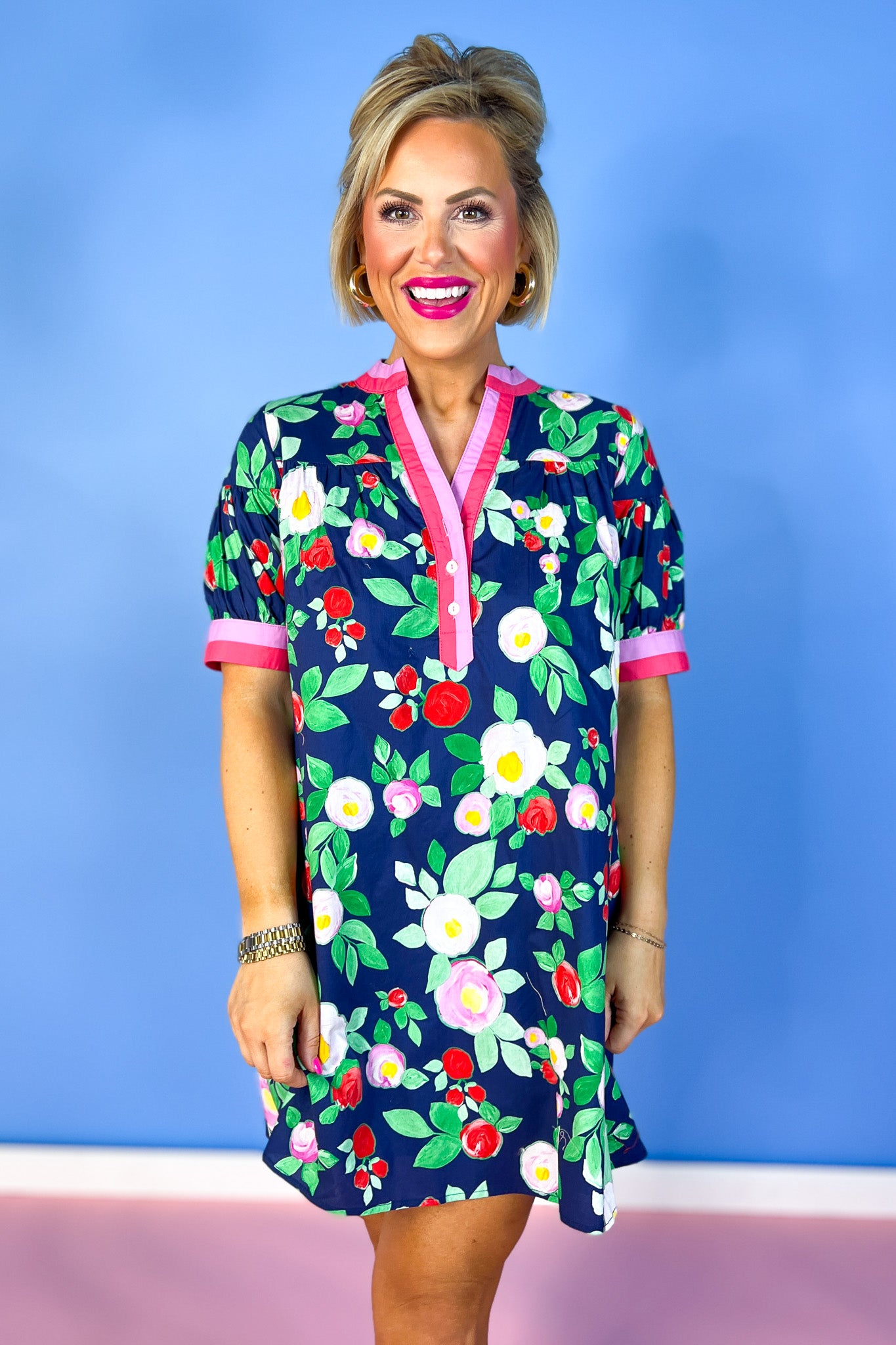 Navy Floral Print Contrast Stripe Trim Dress Navy Floral Print Contrast Stripe Trim Dress