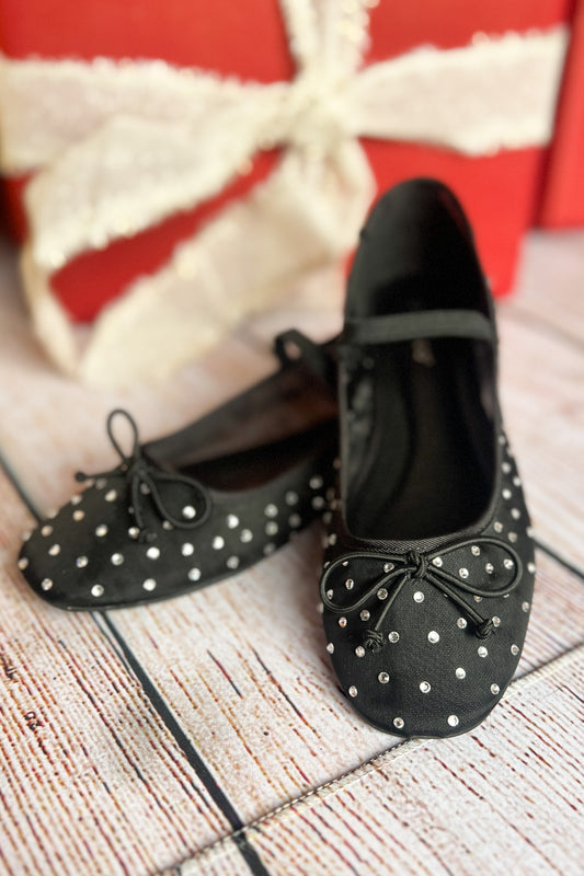 Black Mesh Stone Embellished Strap Ballet Flats