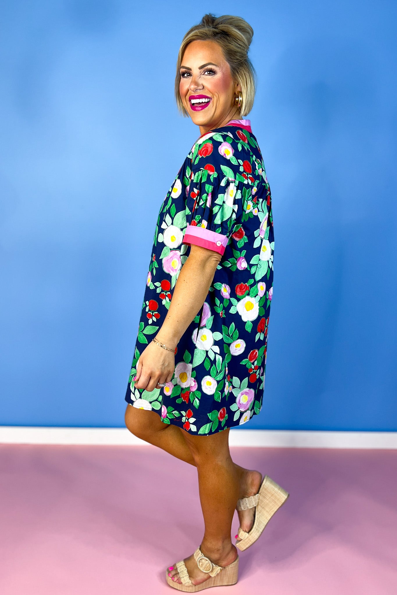 Navy Floral Print Contrast Stripe Trim Dress Navy Floral Print Contrast Stripe Trim Dress