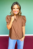 Brown Button Front Short Puff Sleeve Top *FINAL SALE*
