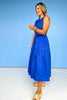 Blue V Neck Lace Trimmed Bodice Midi Dress