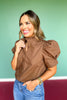 Brown Button Front Short Puff Sleeve Top *FINAL SALE*