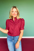 Burgundy Button Front Short Puff Sleeve Top *FINAL SALE*
