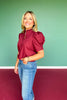 Burgundy Button Front Short Puff Sleeve Top *FINAL SALE*