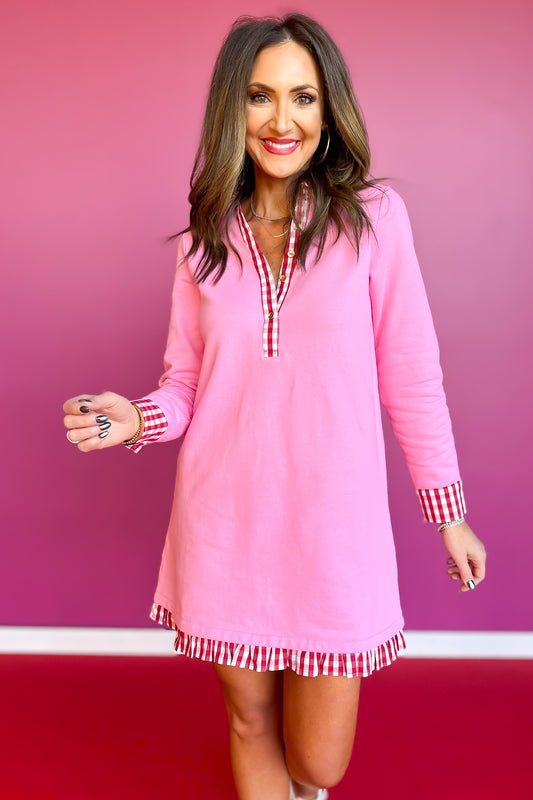 SSYS Kay Gingham Ruffle Contrast Long Sleeve Dress In Pink