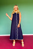 Navy Linen Sleeveless Contrast Maxi Dress
