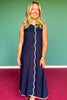 Navy Linen Sleeveless Contrast Maxi Dress