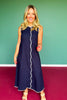 Navy Linen Sleeveless Contrast Maxi Dress